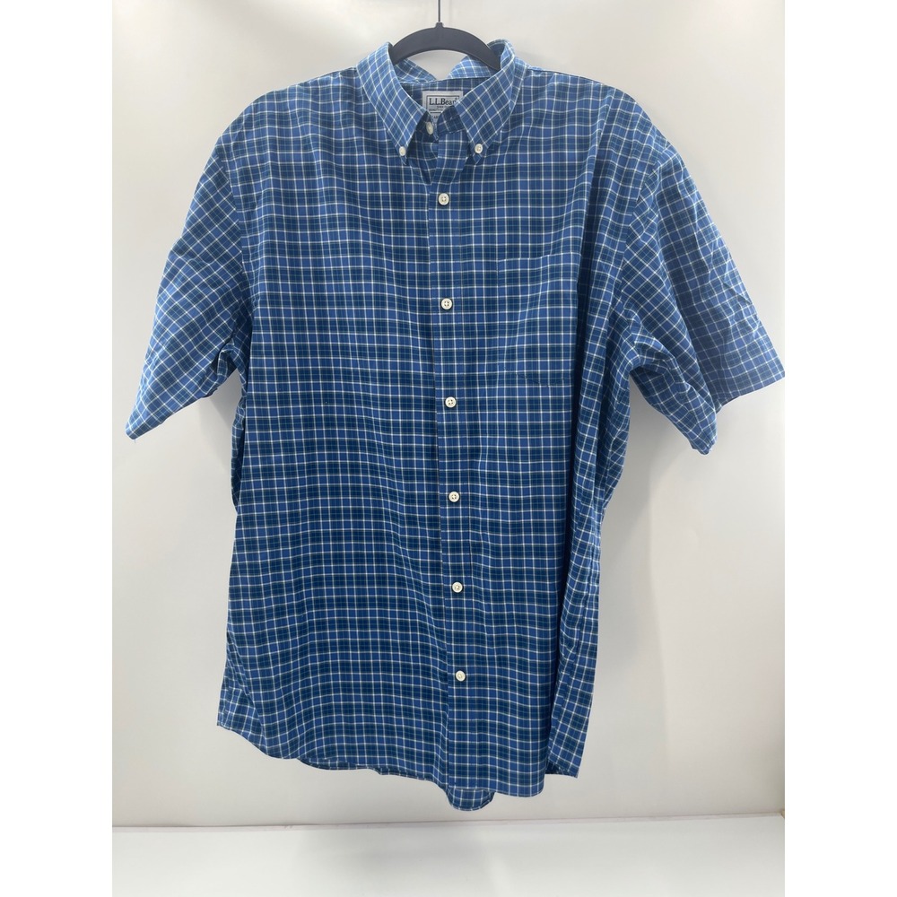 LL Bean Mens Blue Green Plaid Short Sleeve Button Down Shirt Large 502253